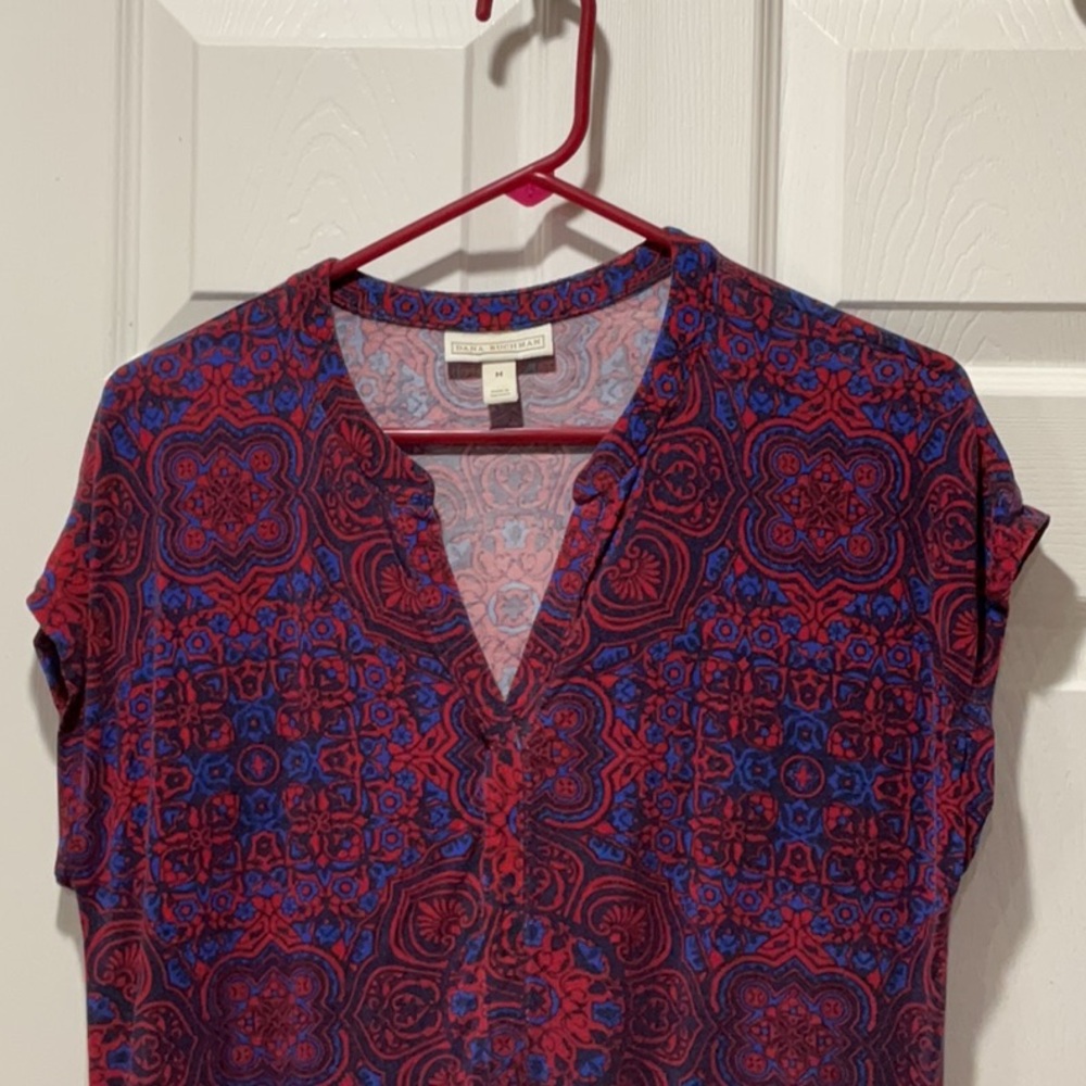 Red, royal blue & black patterned shirt with cap sleeves M